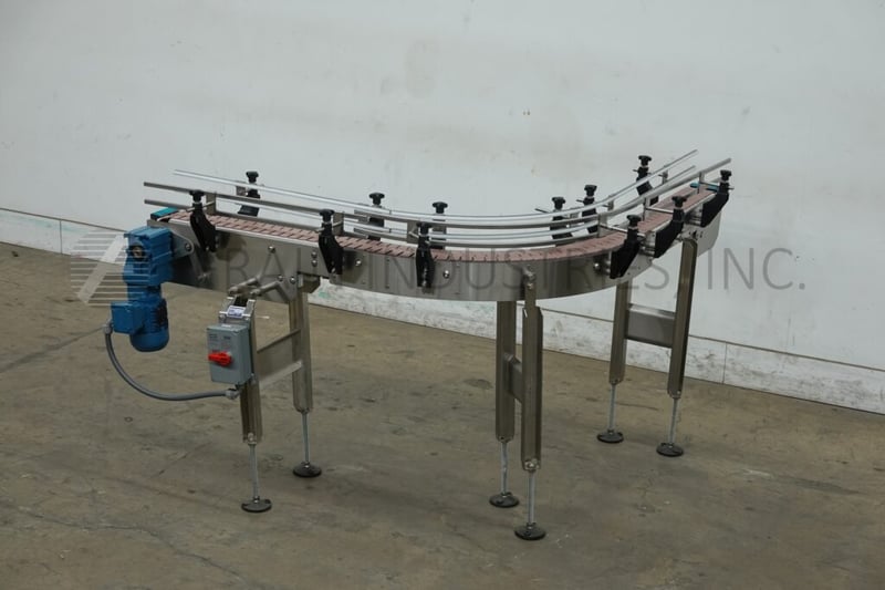 4.5" wide x 8.9' long, BMI / Benda Mfg, Stainless Steel conveyor, 90&deg; turn, powered by 1/2 HP drive