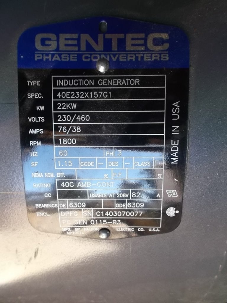 22 KW Gentec 40E232X157G1, Induction Generator, 230/460 V, 73/38 Amps