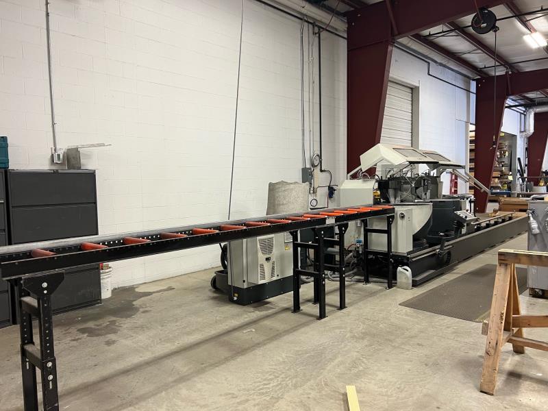 Elumatec #DG 244, Twin Head Double Miter Saw for Window Profile Fabrication, 25' cut bed length, 550 mm