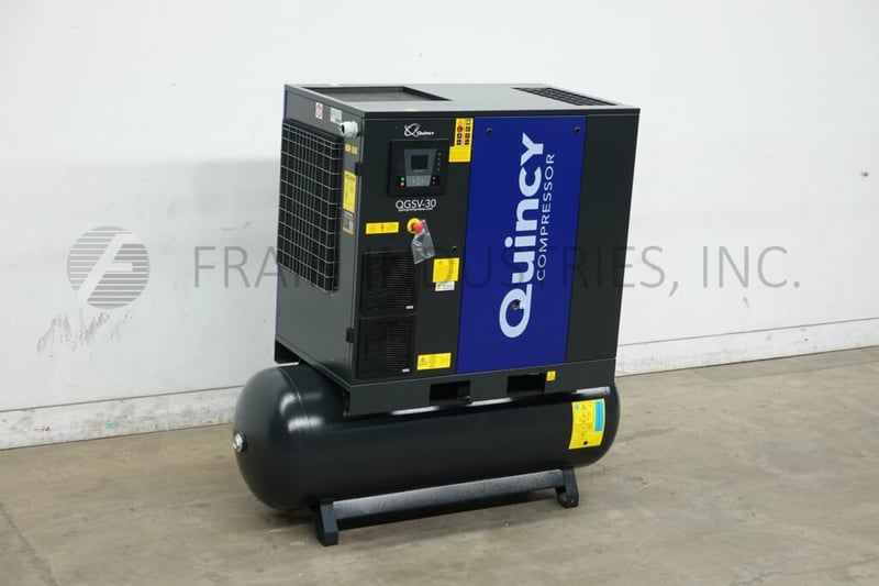 136 acfm, 100 psi, Quincy #QGSV30, screw compressor with 120 gallon receiver tank, includes direct drive