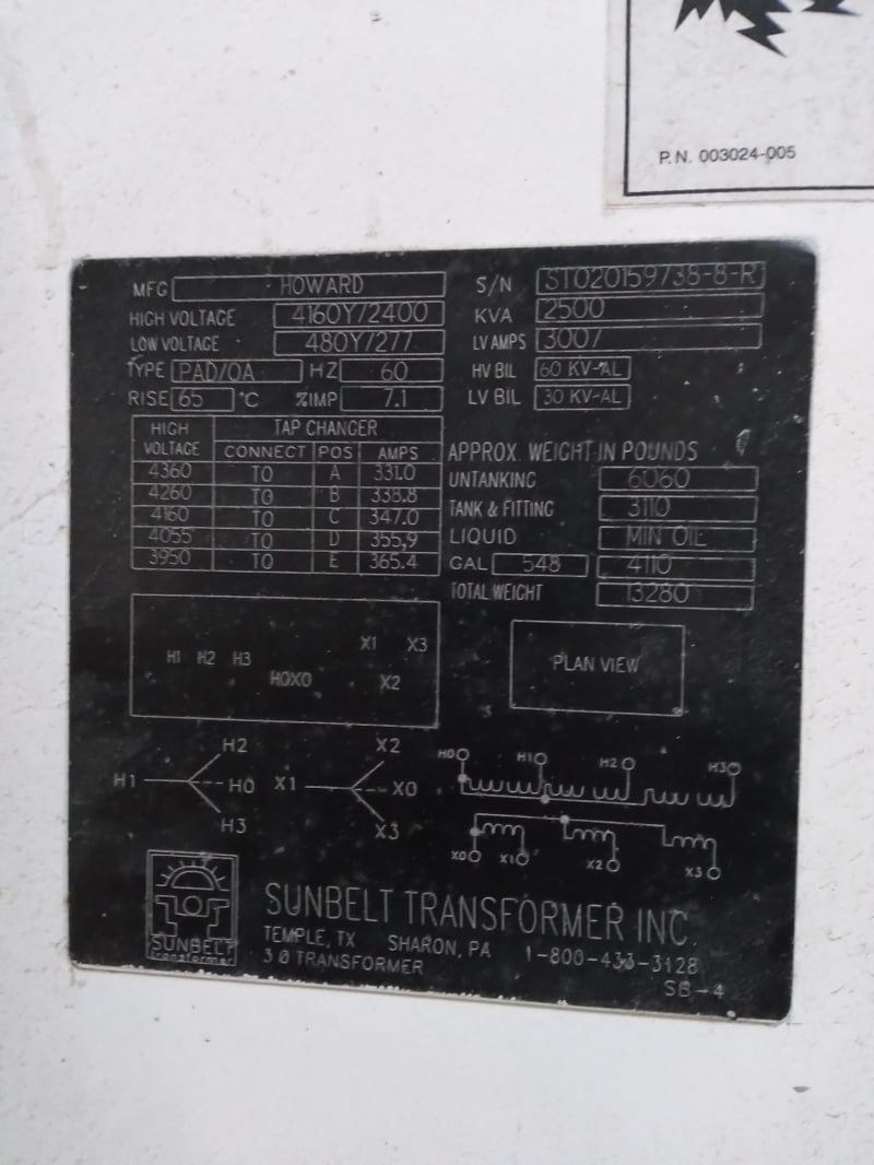 2500 KVA 4160/2400 Primary, 480/277Y Secondary, Sunbelt, padmount transformer, 3-phase, LF 65C ONAN 30/60kV