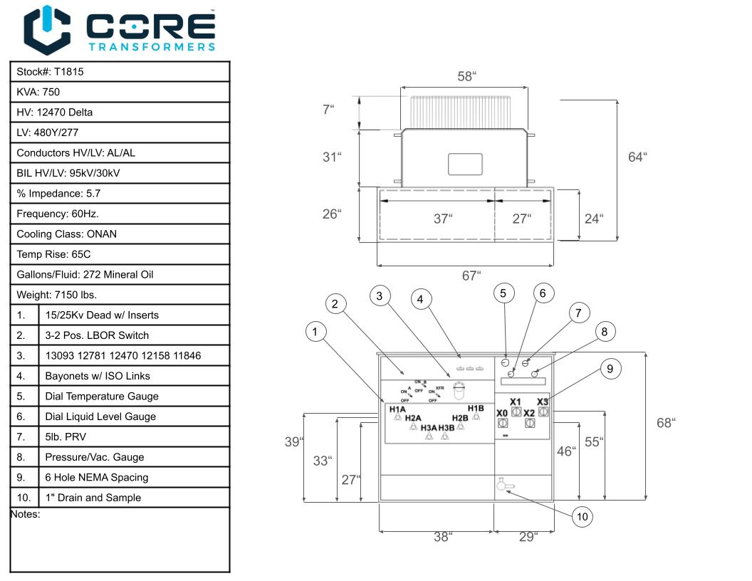 750 KVA 12470 Delta Primary, 480Y/277 Secondary, Core Transformers ...