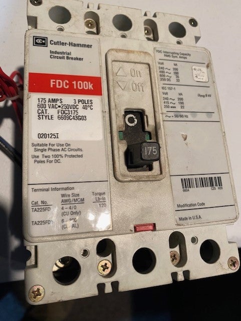 175 Amps, Cutler-Hammer, FDC-100K, 600 Volts breaker,
