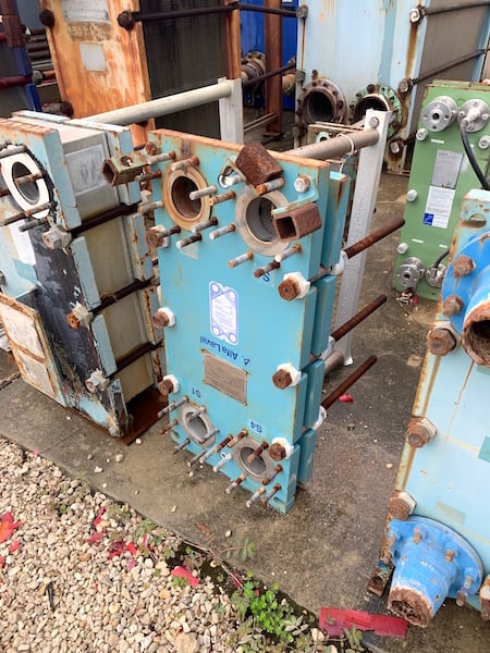 25 sq.ft., Alfa-Laval, M10-BWFG, plate heat exchanger, 72 psi, 300°F, 4-4" nozzles, 1986