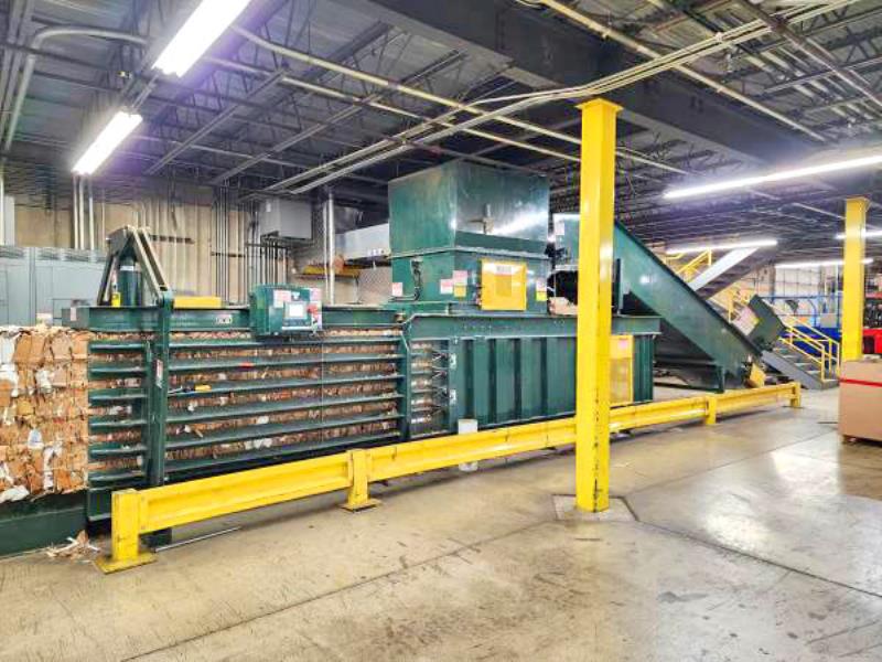 International #MT-4843, 48" x 43" x 60" manual-tie horizontal baler, infeed conveyor, 8" cylinder, 60" x 46"