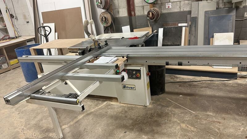 Silver #SF-45A, sliding table saw, 10' table, 14" blade diameter, 8.5 HP, 3800 & 5200 RPM, 2015