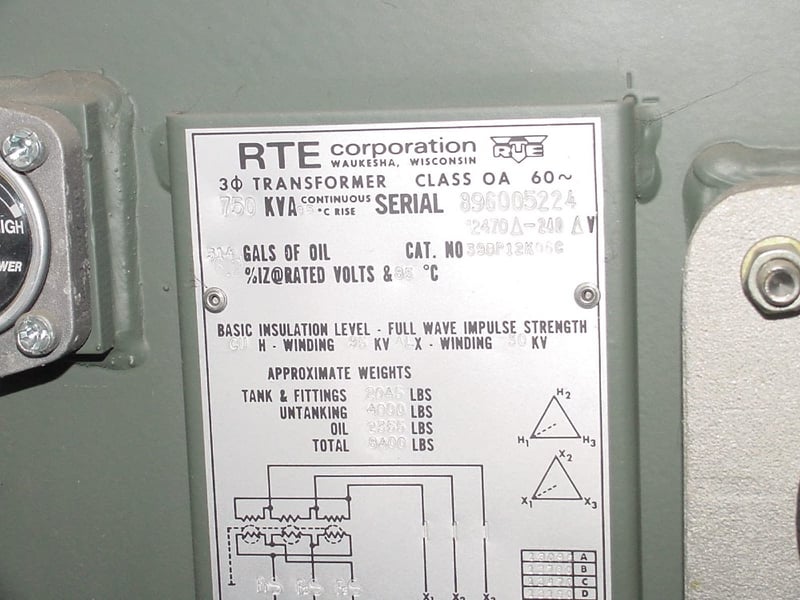 750 KVA 12470 Delta Primary, 240 Delta Secondary, RTE, L, R (T)