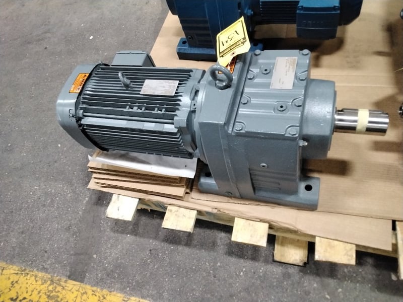 7.5 HP, 1768 RPM, SEW #R87DNR132S4, gear reducer, 48 RPM out, 230/460 Volts 3 phase, new surplus