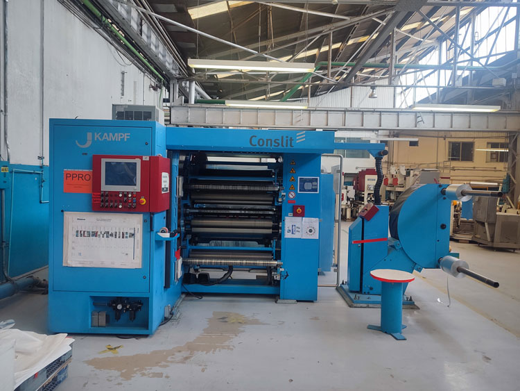 37.4" x 2.76" Kampf, Slitting Line, 11.8" - 41.3" working width, .0003" - .004" thickness, 3" - 6" ID