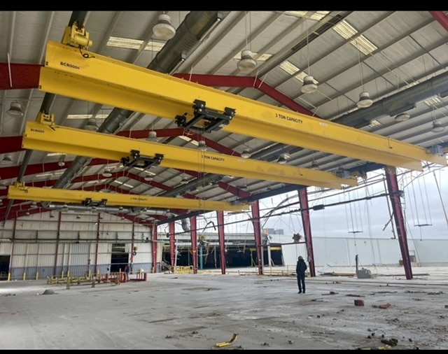 .3 Ton, Kone Underhung Double Girder Bridge Crane, 6000lb, 70' span, 25' lift, pendant control