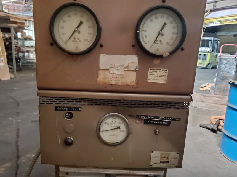 30 Ton, PHI, hydraulic press, 12.5" x 9.5", 8" daylight, 2 electric platens, water cooled, hand pump type