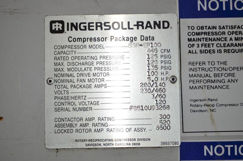 100 HP Ingersoll-Rand #SSR-EP100, air compressor, 446 cfm, 125