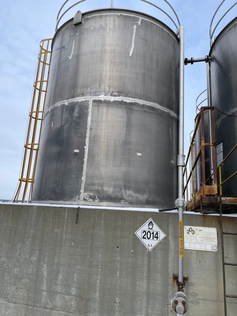 29036 gallon Peacock Inc, Aluminum Storage Tank For Hydrogen Peroxide, 15' diameter x 27' H, 132000 Liters, 5254 Aluminum, 1988 for Sale | Surplus Record 29036 gallon Peacock Inc, Aluminum Storage Tank For Hydrogen Peroxide, 15' diameter x 27' H, 132000 Liters, 5254 Aluminum, 1988 for Sale | Surplus Record