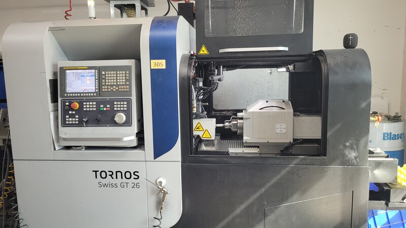 Tornos #GT-26, CNC Swiss lathe, 25.4mm bar capacity, Iemca 12' barfeeder, mist collector, 2021