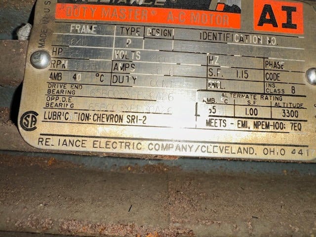 25 HP 1165 RPM Reliance, Fr. 640, 460 Volts, Squirrel Cage, EOK