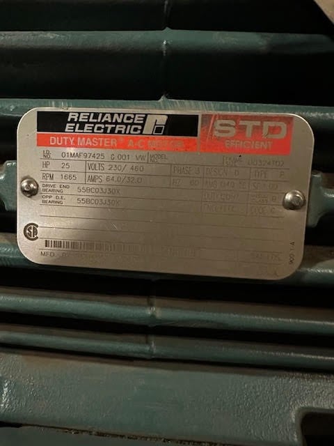 25 HP 1665 RPM Reliance, Fr. 00324T02, 230/460 Volts, Squirrel Cage, EOK