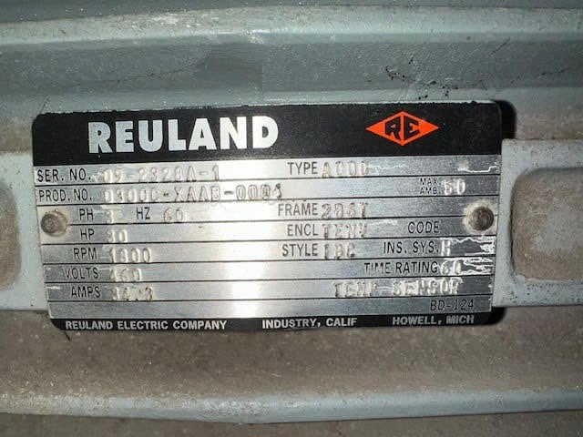 30 HP 1800 RPM Reuland, Fr. 2867, 460 Volts, Squirrel Cage, EOK