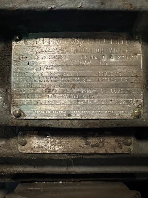 15 HP 1760 RPM General Electric, Frame 284U, 208-220/440 Volts, Induction Motor, electrically OK