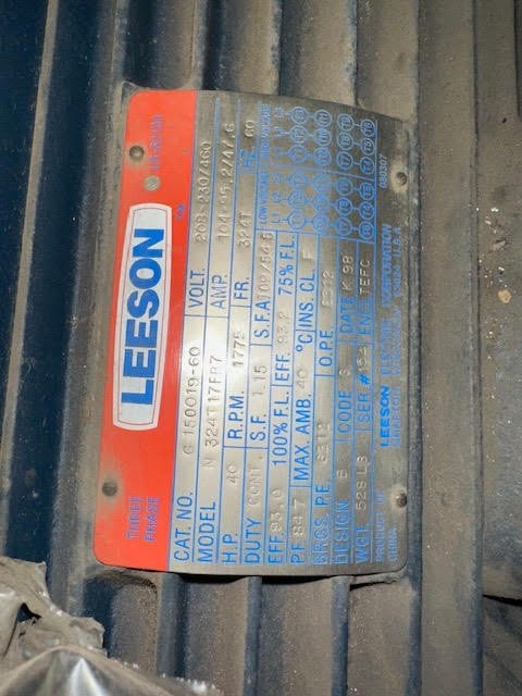 40 HP 1775 RPM Leeson, Frame 324T, 208-230/460 Volts, Squirrel Cage, Refurb