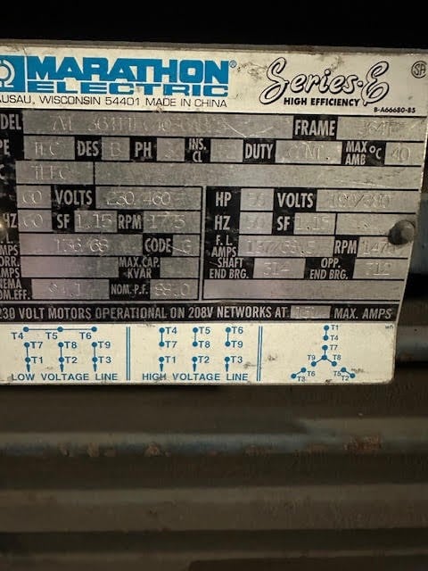 50/60 HP 1475/1775 RPM Marathon Eectric, Frame 364TSO, 190/380-230/460 Volts, Multi-Speed, electrically OK