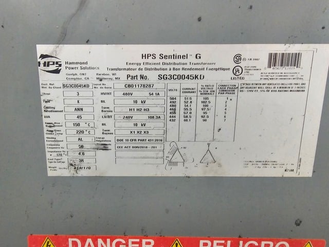 45 KVA 480 Primary, 240/120 Secondary, Hammond #SG3C0045KD, 60 Hz, Three Phase Transformer