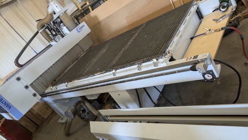 Weeke #Optimat-NBP084/Vantech 480, scizor table, outfeed, router, drill bank 4 x 8 table, 2016