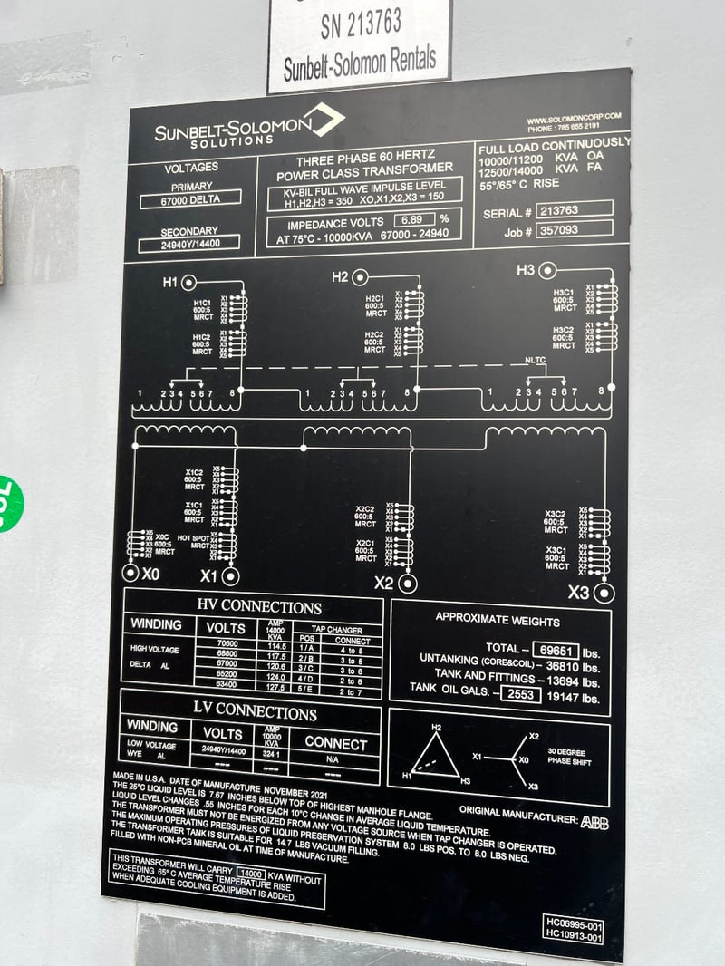 10000/12500 KVA, 67000 Delta Primary, 24940Y/14400 Secondary, Sunbelt-Solomon