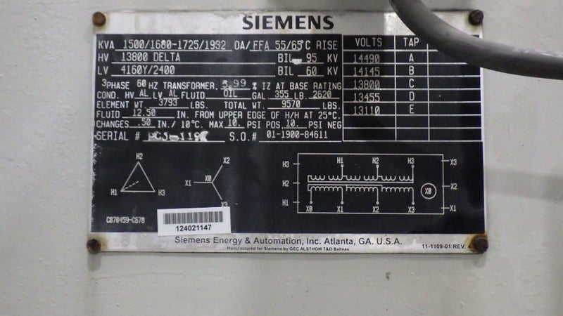 1500/1932 KVA 13800 Delta Primary, 4160Y/2400 Secondary, Siemens