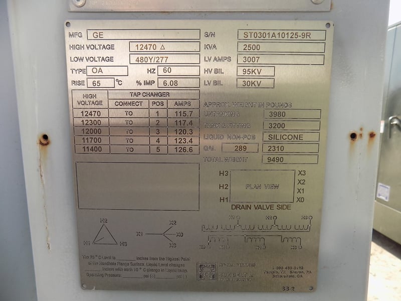2500 KVA 12000 Delta Primary, 480Y/277 Secondary, Sunbelt