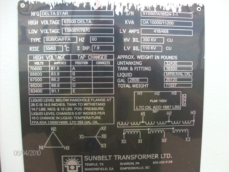 10000 KVA, 67000 Delta Primary, 13800Y/7970 Secondary, Sunbelt