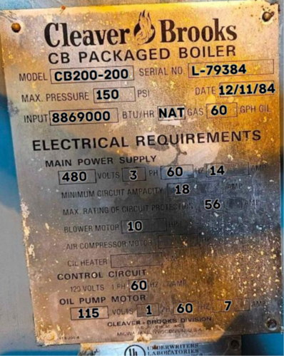 200 HP Cleaver-Brooks #CB-200-200, Steam Boiler, 150 psi, 460 Volts ...
