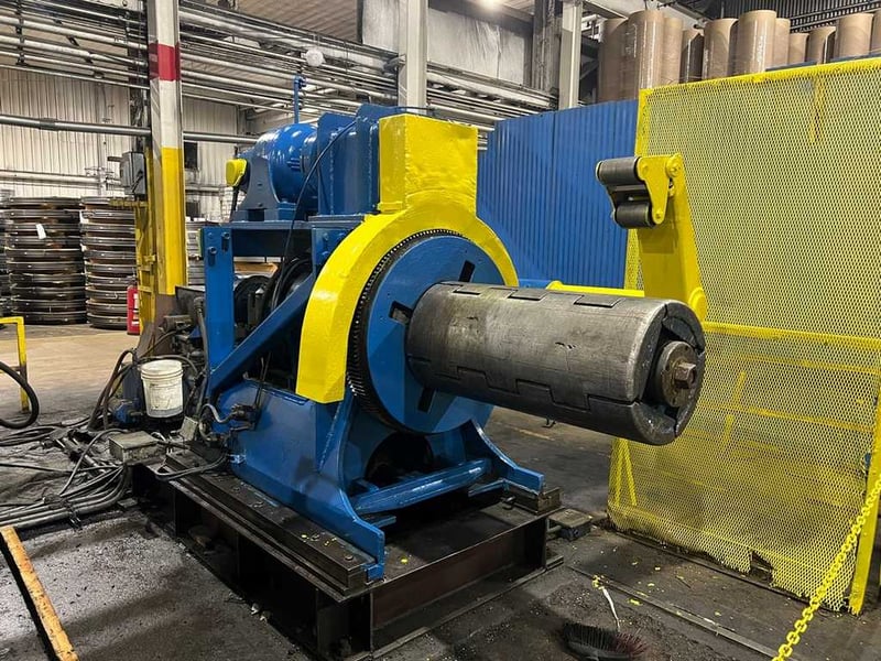 36" x 7" Wean, slitting line, 20000 lb., 20" ID, 250 FPM, hold down roll, hydraulic expansion, entry pinch