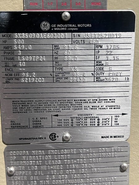 500 HP 1800 RPM General Electric, Frame L509TP24, weather protected enclosure type 1, HT, VHS, vertical