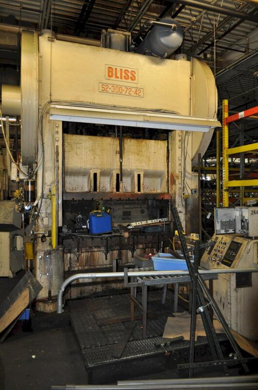 300 Ton, Bliss #S2-300-72-42, straight side double crank press, 10" stroke, 24" Shut Height, 6" ram adj.