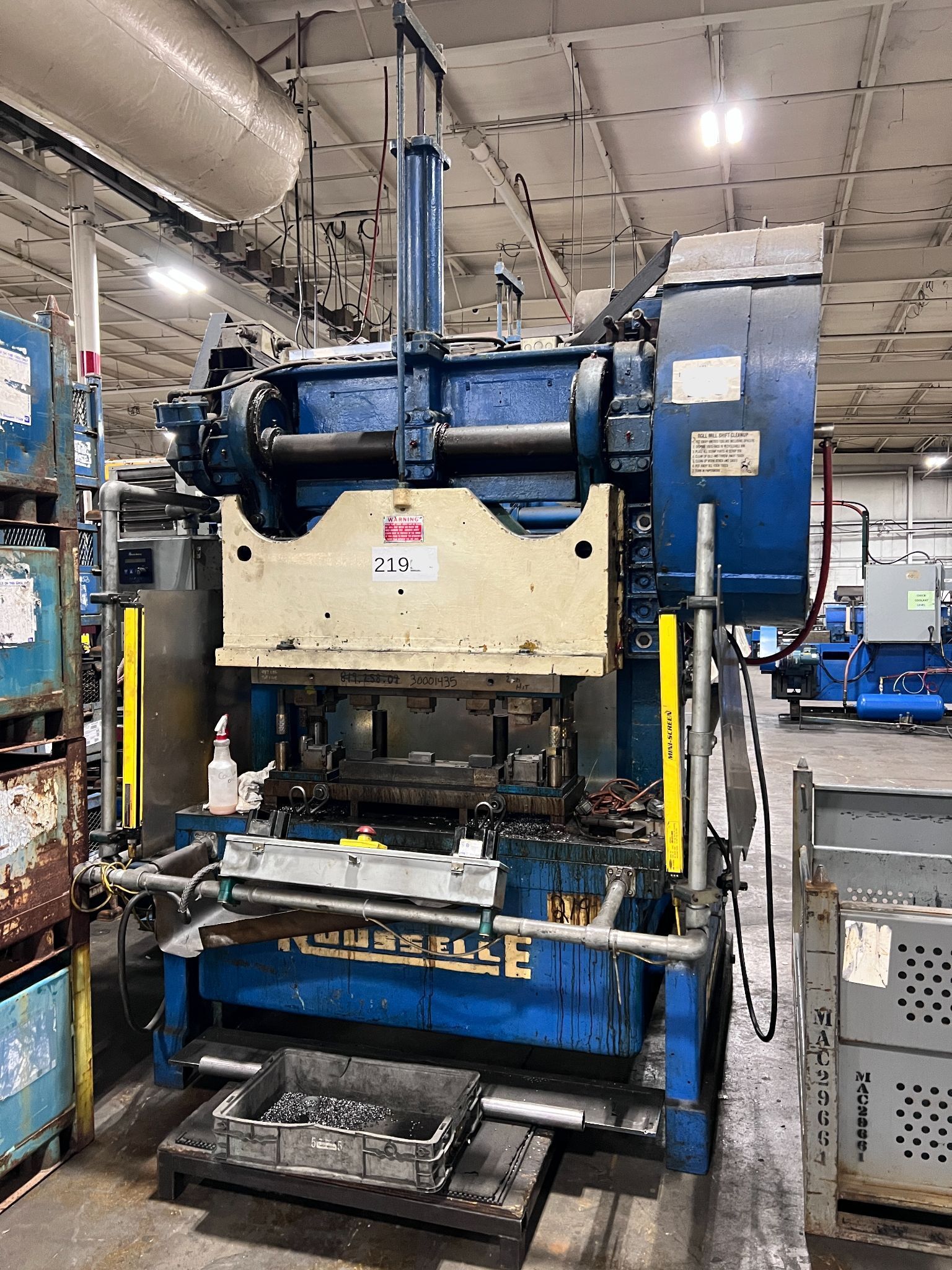 60 Ton, Rousselle #6B-60, OBI press, 4" stroke, 13.5" Shut Height, 3" adj., 18" x60" bed, 110 SPM, air clutch