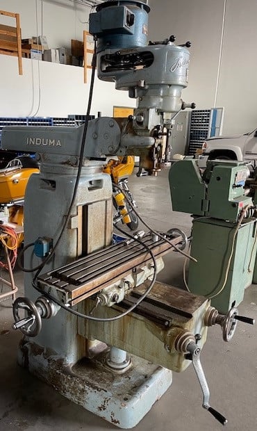 Induma #1-S, vertical turret, 9" x42" table, 1.5 HP, 20" X, 12" Y, 12" knee, 8 speed, R8 taper