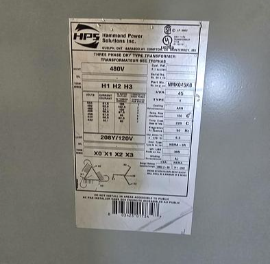 45 KVA 480 Primary, 208Y/120 Secondary, HPS NMK045KB, transformer, 3-phase, NEMA 3R, 150°C, General Electric