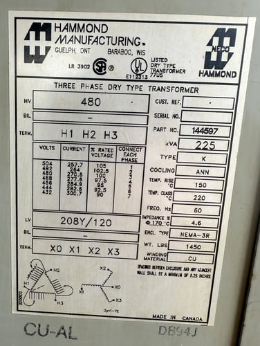 225 KVA 480 Primary, 208Y/120 Secondary, Hammond, dry transformer, Nema ...