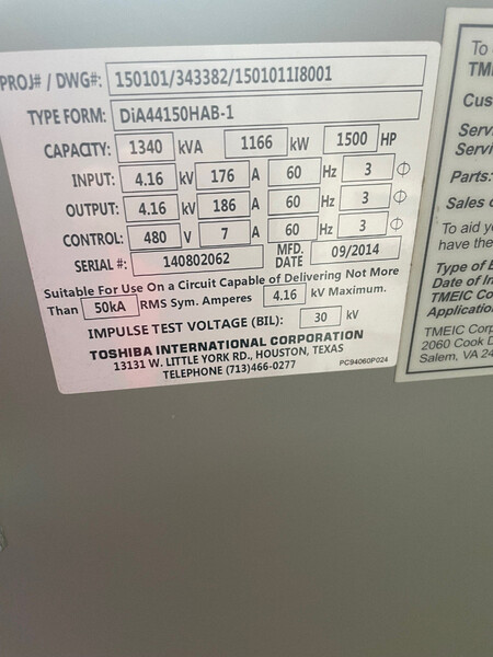 1500 HP Toshiba, Ehouse, 4160 Volts MV VFD