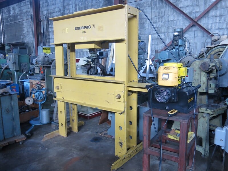 150 Ton, Enerpac, H-Frame hydraulic shop press, electric, 13" stroke, 48.5" daylight, 10000 psi, 48" bed width