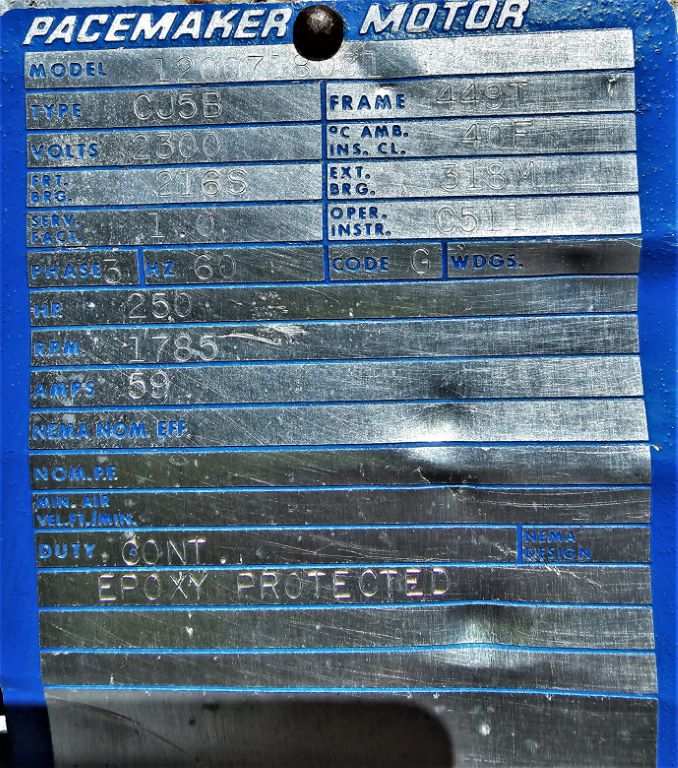 250 HP 1785 RPM Pacemaker, Frame 449T, 1.0 service factor, 2300 Volts ...