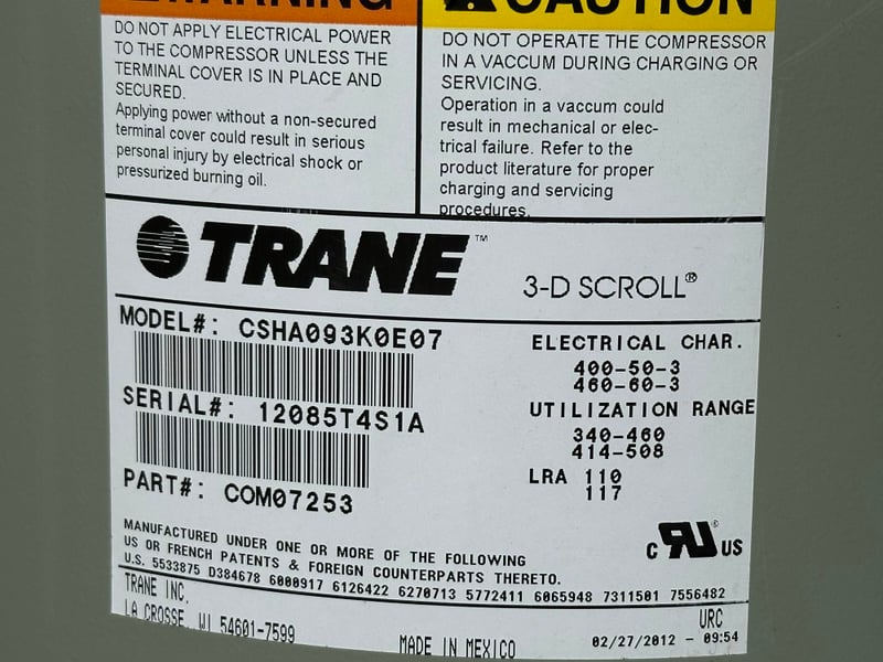 Trane #CSHA093K0E07, 3D scroll compressor, 9 ton, 460 V. / 60H / 3PH, P/N: COM07253