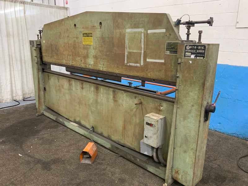 14 gauge x 10' Roto-Die #15, hydraulic brakes press, 3" stroke, rear operated manual back gauge, 15 HP, 1981