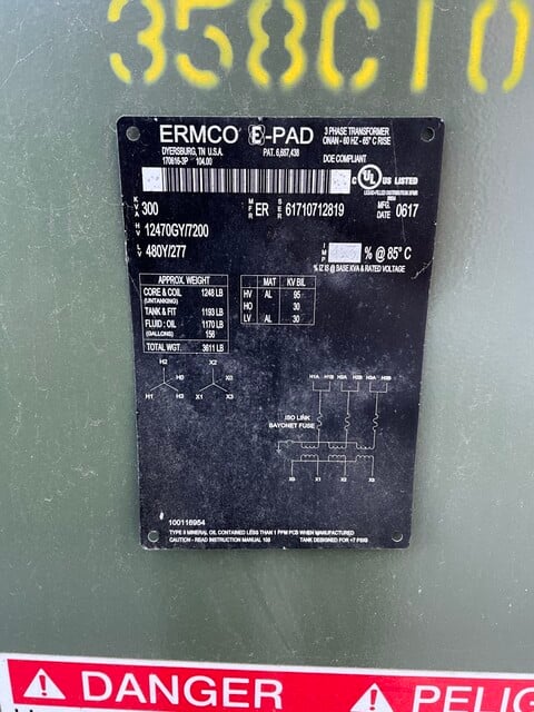 300 KVA 12470GY/7200 Primary, 480Y/277 Secondary, Ermco 3 phase, Padmount Transformer, New
