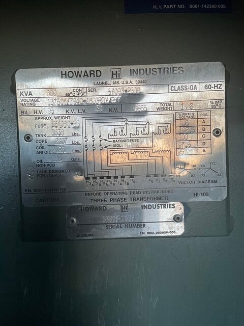 500 KVA 13750Y/7940 Primary, 480GY/277 Secondary, 3 phase, Padmount Transformer
