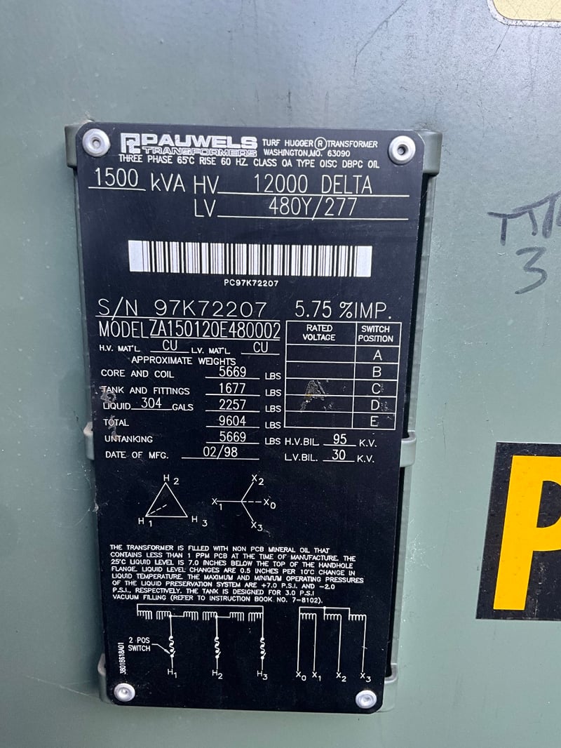 1500 KVA 12000 Delta Primary, 480Y/277 Secondary, Pauwels 3 phase, Padmount Transformer