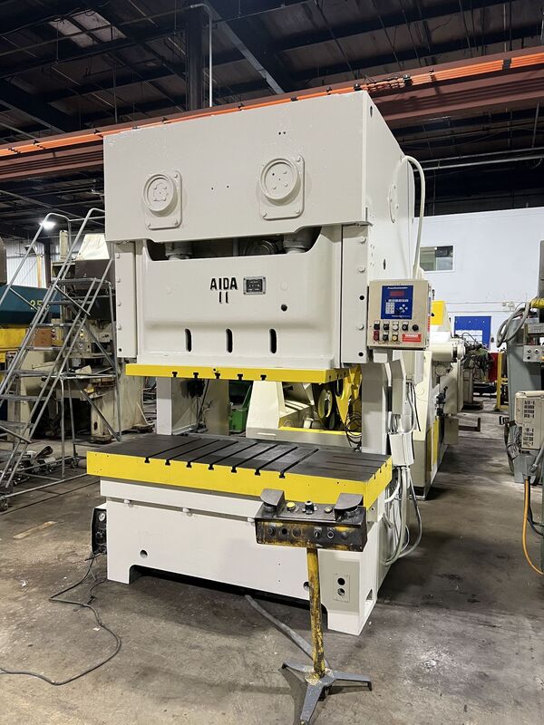 121 Ton, Aida #NC2-110(2), double crank gap frame press, 7.08" stroke, 15.74" Shut Height, air clutch brake