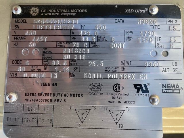 450 HP 1800 RPM General Electric, Frame 449T, TEFC BB, 460 Volts, New ...