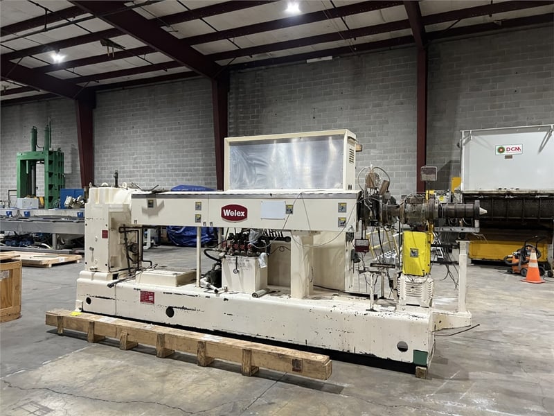 3.5" Welex #350-30:1-LHV, single screw extruder, screen changer & melt pump, 56" centerline, 30:1 Water