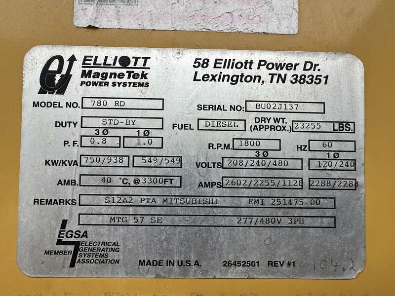 750 KW Elliott #780-RD, diesel generator set, 277/480 Volts, 306